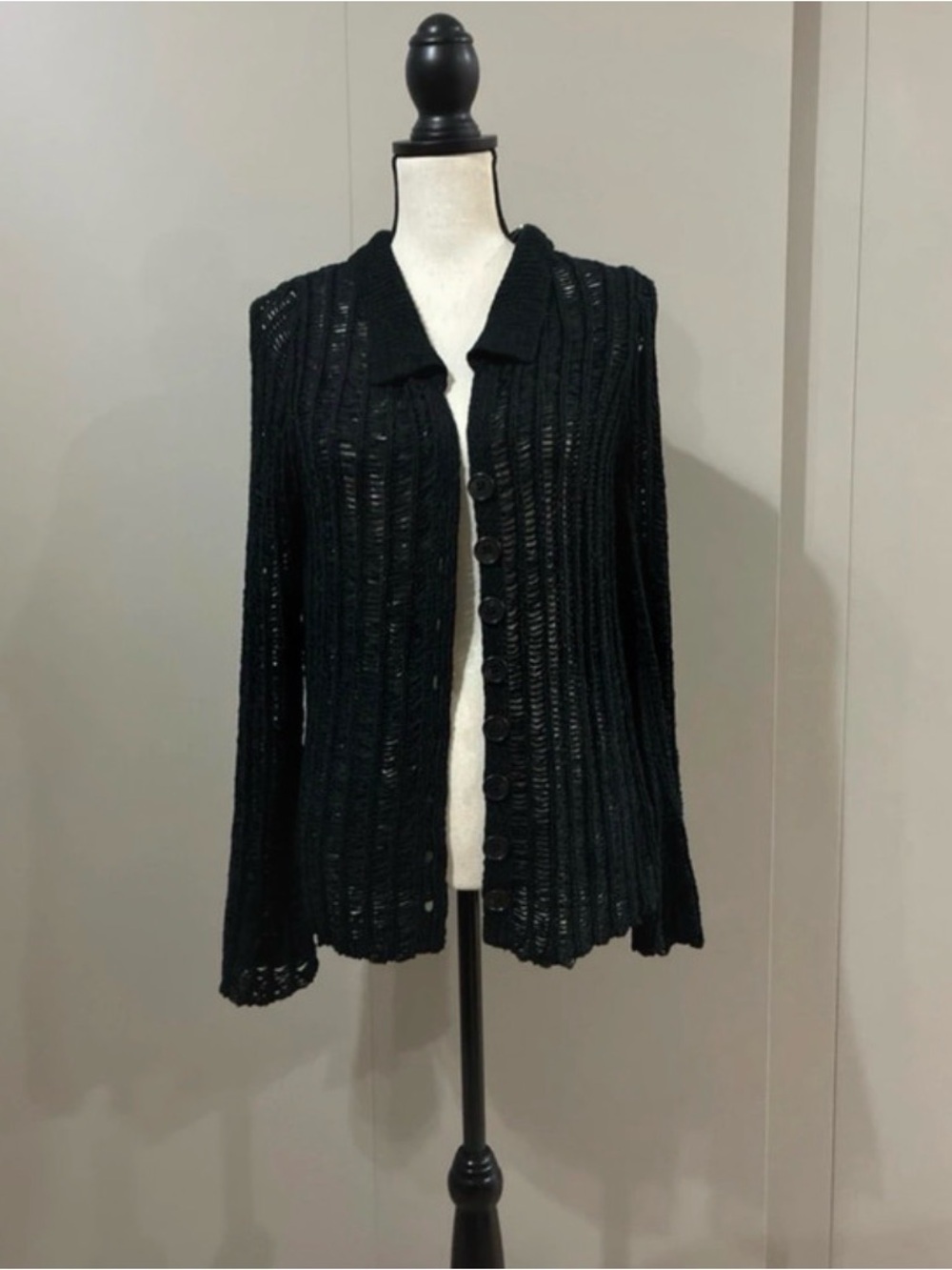 Black Open-Weave Button-Front Women's Sweater